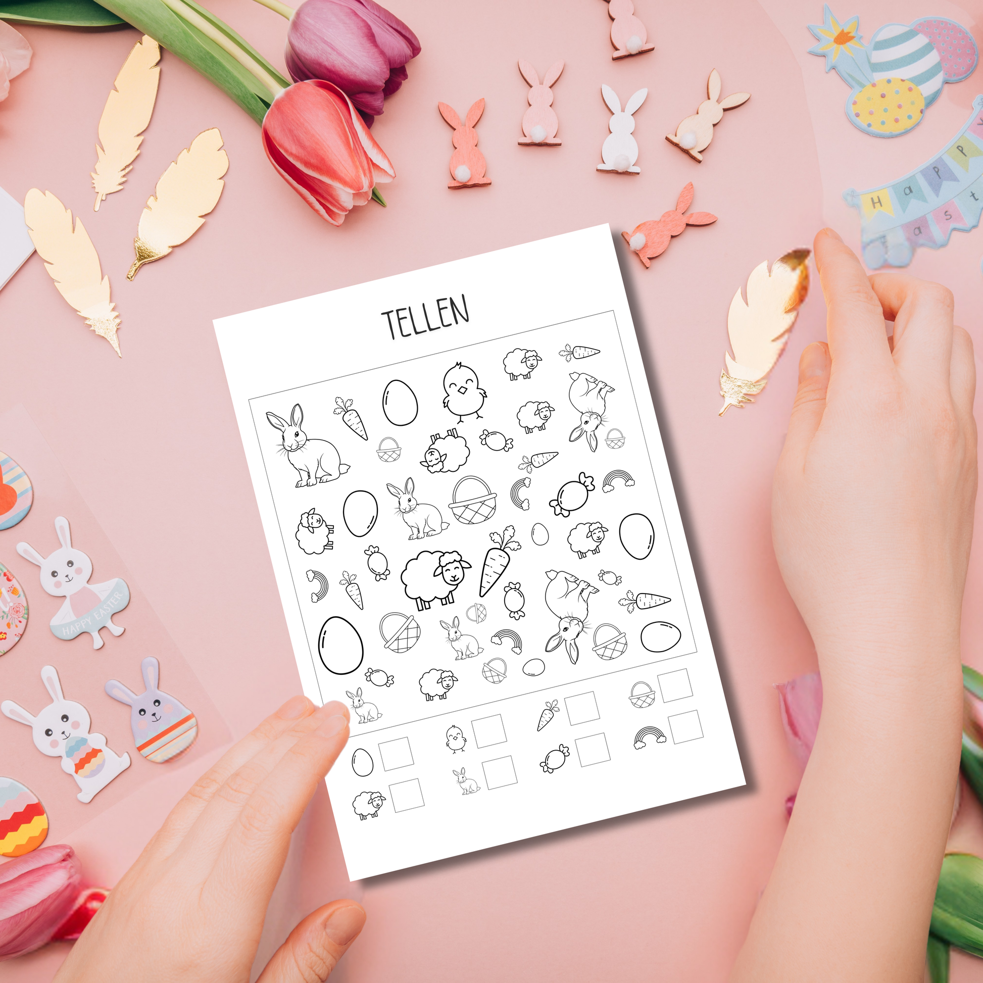 Spelletjes voor pasen: tellen van paashazen, paasmandjes en meer